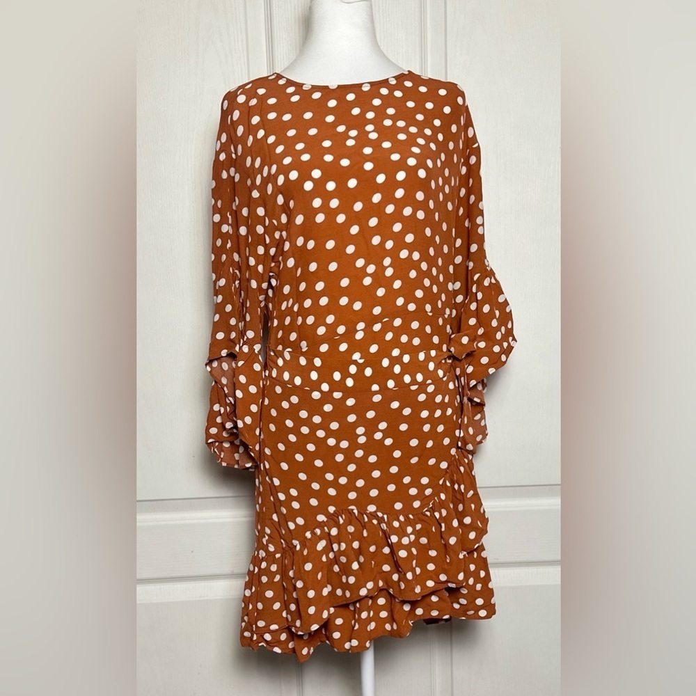 Maje Women's Faux Wrap Flounce Bell Sleeve Polka Dot Mini Dress Size Small